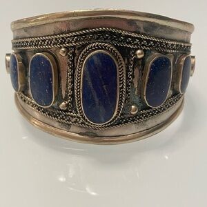 HUGE FOOLS GOLD LAPIS LAZULI COIN SILVER WIDE CUFF VINTAGE BRACELET